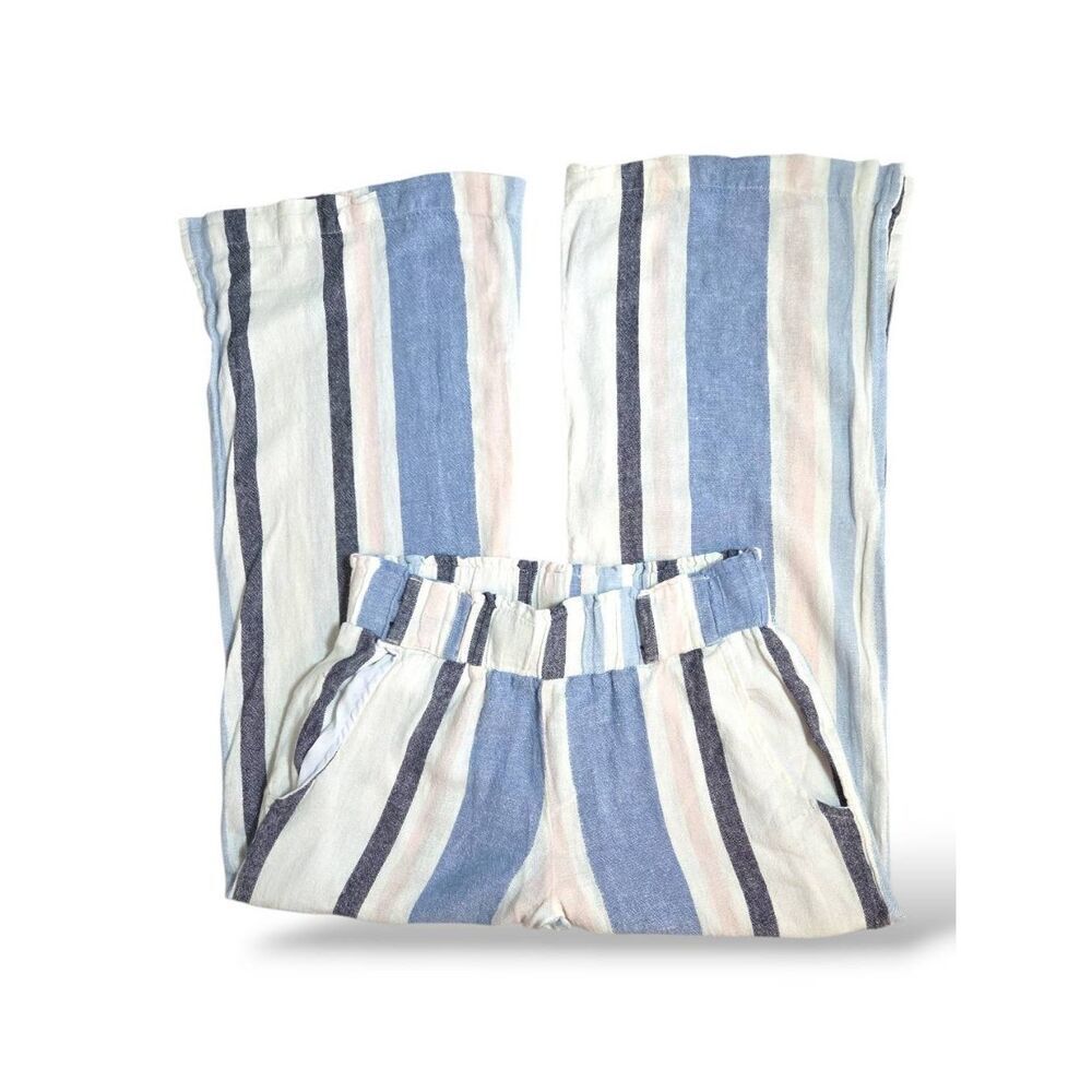 ​Indigo Rein Linen Blend Striped Pants Size Small Wide Leg Split Hem Blue Pink